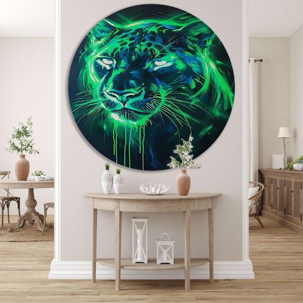 Fluorescerende panter in abstracte kleuren aluminium muurcirkel