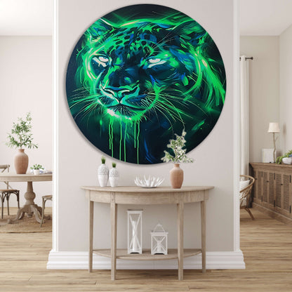 Fluorescerende panter in abstracte kleuren aluminium muurcirkel