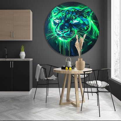 Fluorescerende panter in abstracte kleuren aluminium muurcirkel