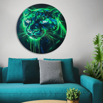 Fluorescerende panter in abstracte kleuren aluminium muurcirkel