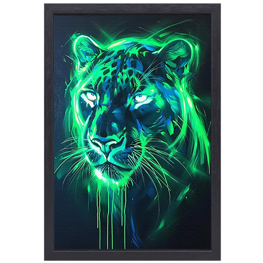 Fluorescerende panter in abstracte kleuren canvas met baklijst