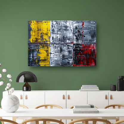Abstract schilderij met geel, zwart, rood, wit acrylglas