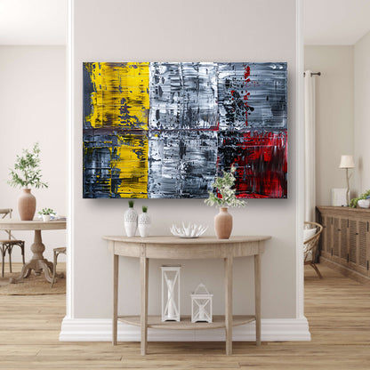 Abstract schilderij met geel, zwart, rood, wit canvas met baklijst