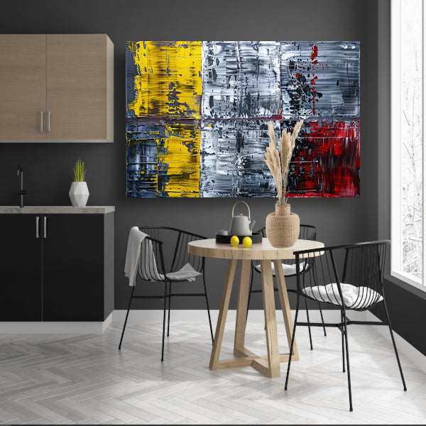 Abstract schilderij met geel, zwart, rood, wit canvas met baklijst