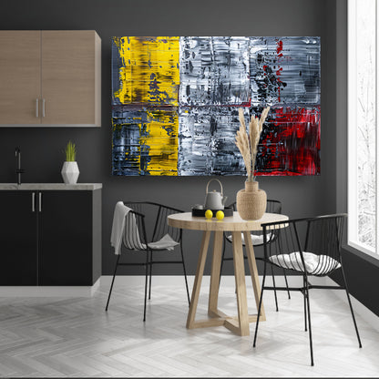 Abstract schilderij met geel, zwart, rood, wit canvas met baklijst