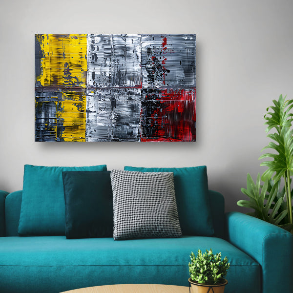 Abstract schilderij met geel, zwart, rood, wit canvas met baklijst