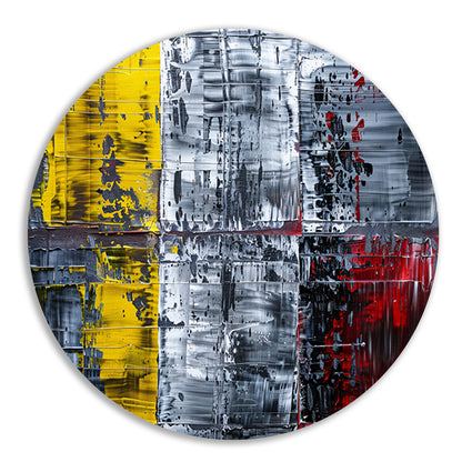 Abstract schilderij met geel, zwart, rood, wit aluminium muurcirkel