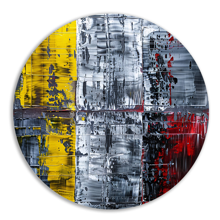 Abstract schilderij met geel, zwart, rood, wit aluminium muurcirkel