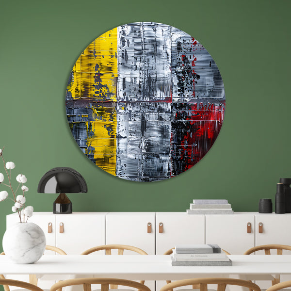 Abstract schilderij met geel, zwart, rood, wit aluminium muurcirkel