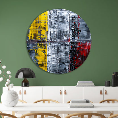 Abstract schilderij met geel, zwart, rood, wit aluminium muurcirkel