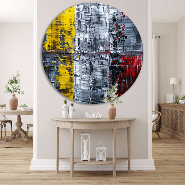 Abstract schilderij met geel, zwart, rood, wit aluminium muurcirkel