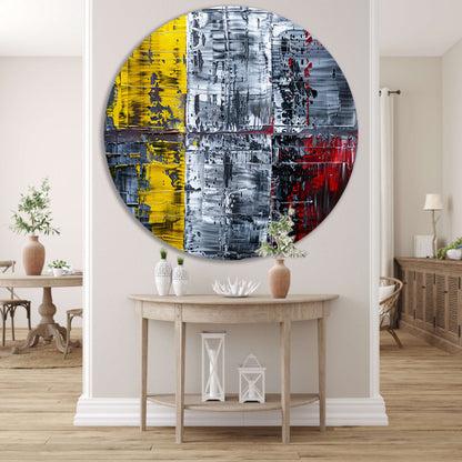 Abstract schilderij met geel, zwart, rood, wit aluminium muurcirkel