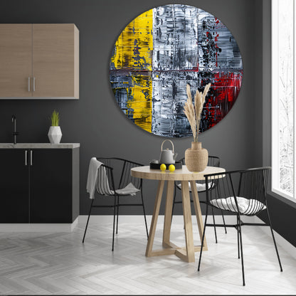 Abstract schilderij met geel, zwart, rood, wit aluminium muurcirkel