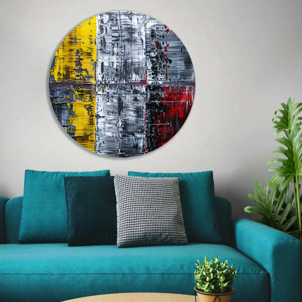 Abstract schilderij met geel, zwart, rood, wit aluminium muurcirkel