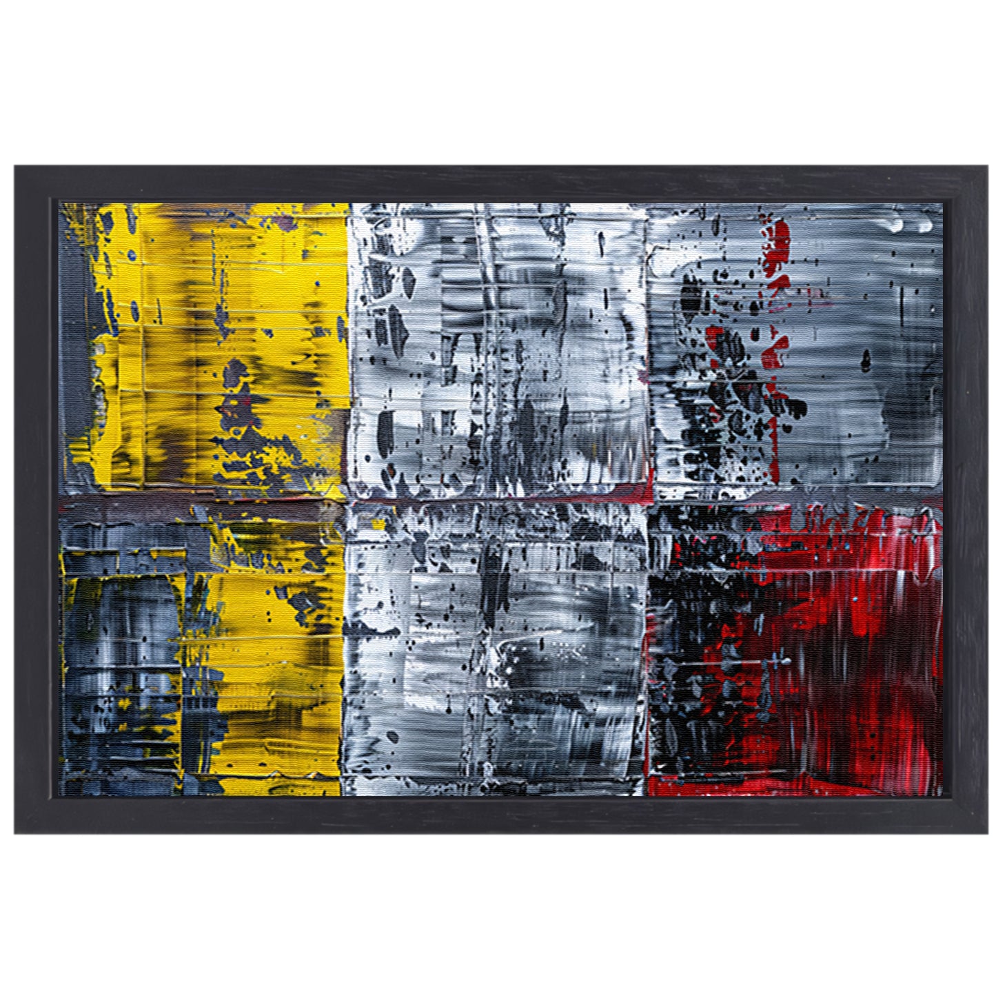 Abstract schilderij met geel, zwart, rood, wit canvas met baklijst