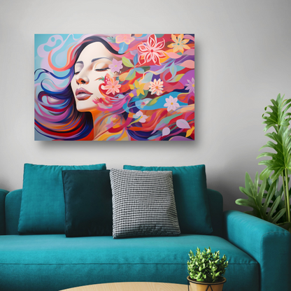 Vrouwelijke schoonheid in een bloemenzee canvas met baklijst