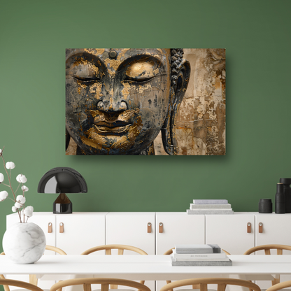 Vergulde Boeddha op verweerde achtergrond in gouden toetsen acrylglas