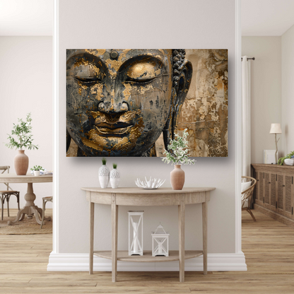 Vergulde Boeddha op verweerde achtergrond in gouden toetsen acrylglas