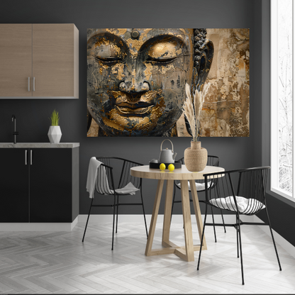 Vergulde Boeddha op verweerde achtergrond in gouden toetsen poster