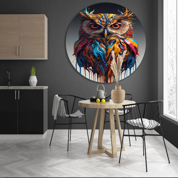 Abstracte Kleurendans van een Uil aluminium muurcirkel