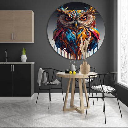 Abstracte Kleurendans van een Uil aluminium muurcirkel