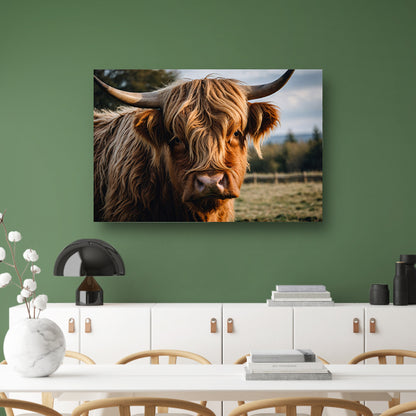 Schotse hooglander in een groen veld canvas met baklijst