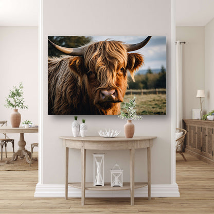 Schotse hooglander in een groen veld canvas met baklijst
