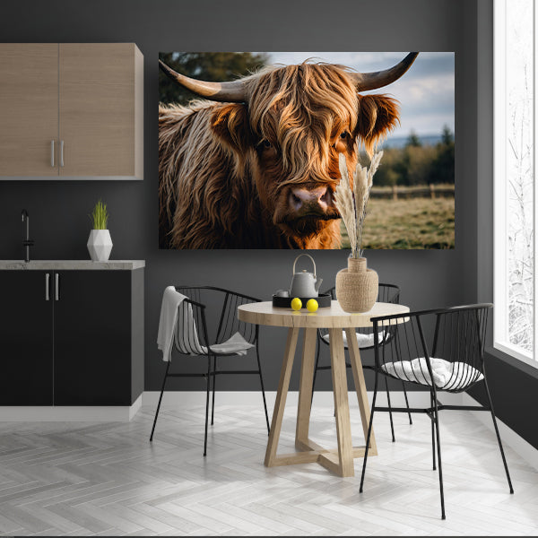 Schotse hooglander in een groen veld canvas met baklijst