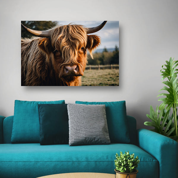 Schotse hooglander in een groen veld canvas met baklijst