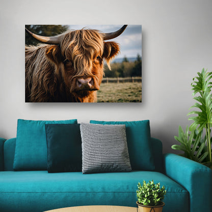 Schotse hooglander in een groen veld canvas met baklijst