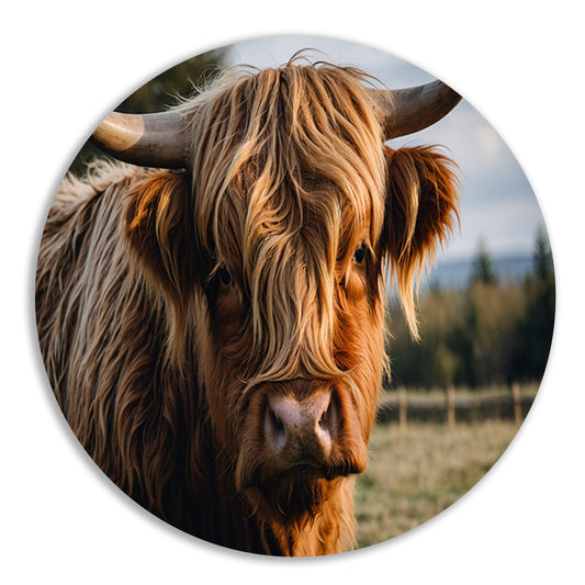 Schotse hooglander in een groen veld aluminium muurcirkel