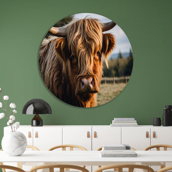 Schotse hooglander in een groen veld aluminium muurcirkel