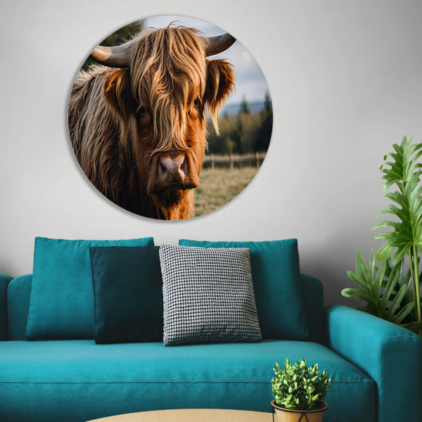 Schotse hooglander in een groen veld aluminium muurcirkel