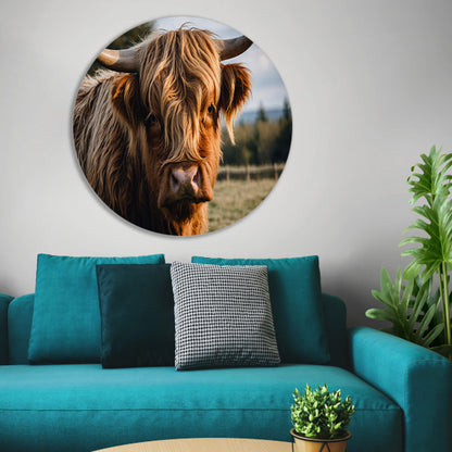 Schotse hooglander in een groen veld aluminium muurcirkel