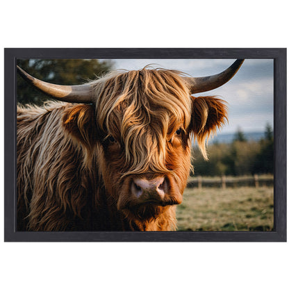 Schotse hooglander in een groen veld canvas met baklijst