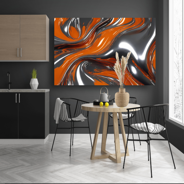 Abstracte Symbiose van Oranje en Zilver canvas met baklijst