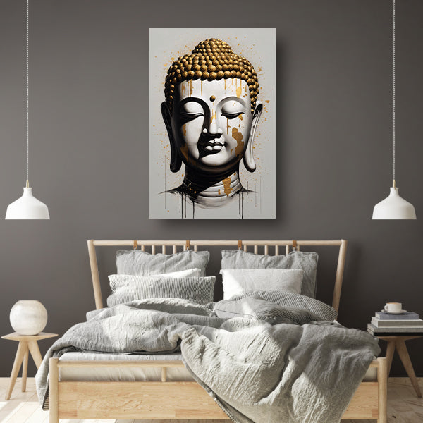 Boeddha Hoofd met Gouden Druppels Modern Kunstwerk canvas