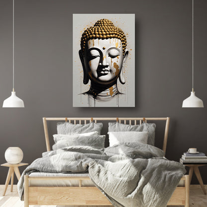Boeddha Hoofd met Gouden Druppels Modern Kunstwerk canvas