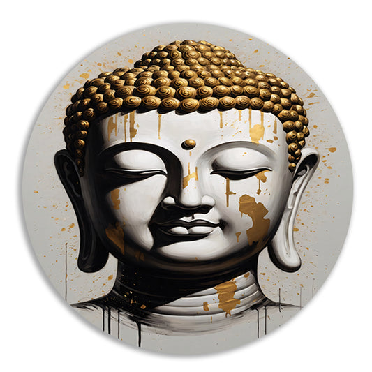 Boeddha Hoofd met Gouden Druppels Modern Kunstwerk aluminium muurcirkel