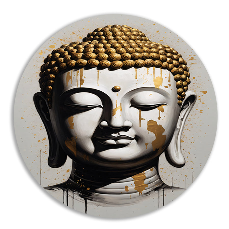 Boeddha Hoofd met Gouden Druppels Modern Kunstwerk aluminium muurcirkel