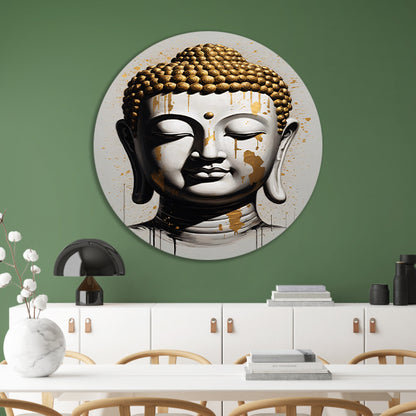 Boeddha Hoofd met Gouden Druppels Modern Kunstwerk aluminium muurcirkel