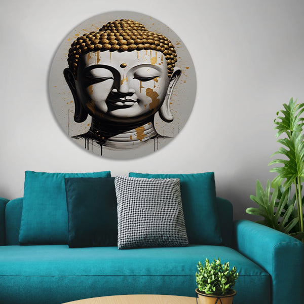 Boeddha Hoofd met Gouden Druppels Modern Kunstwerk aluminium muurcirkel