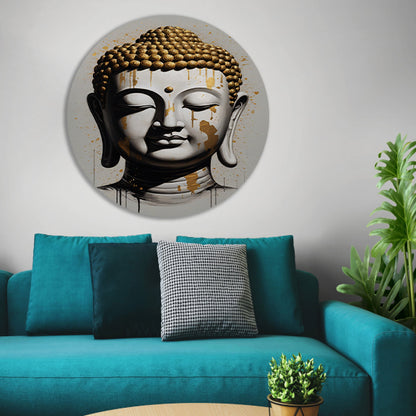 Boeddha Hoofd met Gouden Druppels Modern Kunstwerk aluminium muurcirkel