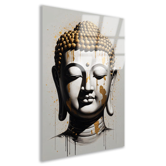 Boeddha Hoofd met Gouden Druppels Modern Kunstwerk Acrylglas