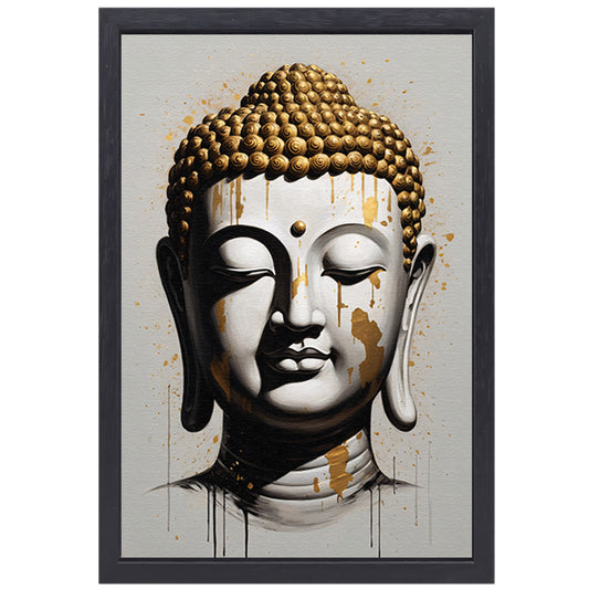 Boeddha Hoofd met Gouden Druppels Modern Kunstwerk canvas met baklijst