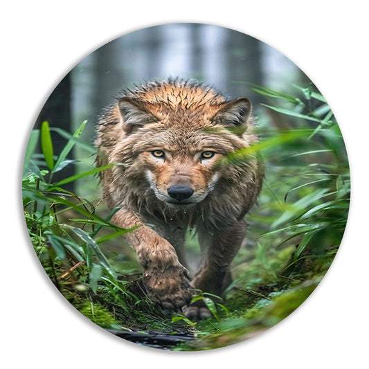 Wolf in het bos aluminium muurcirkel
