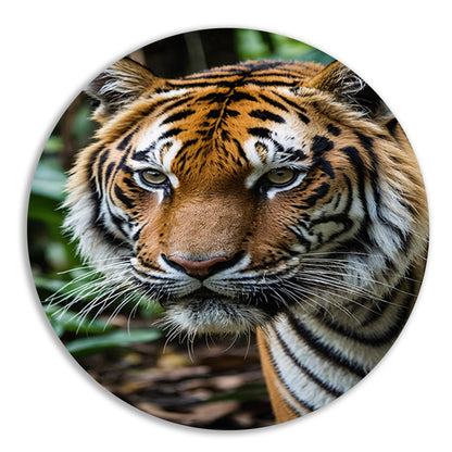 Indrukwekkende tijger in weelderige jungle aluminium muurcirkel