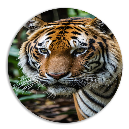 Indrukwekkende tijger in weelderige jungle aluminium muurcirkel