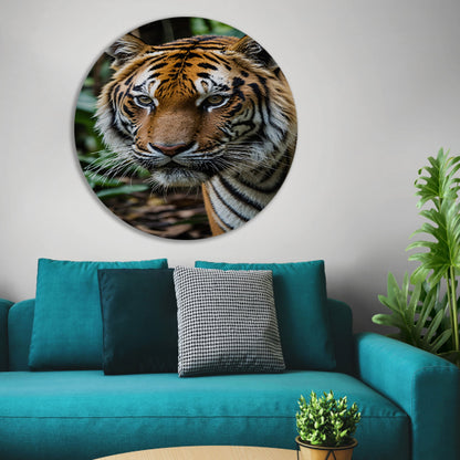 Indrukwekkende tijger in weelderige jungle aluminium muurcirkel