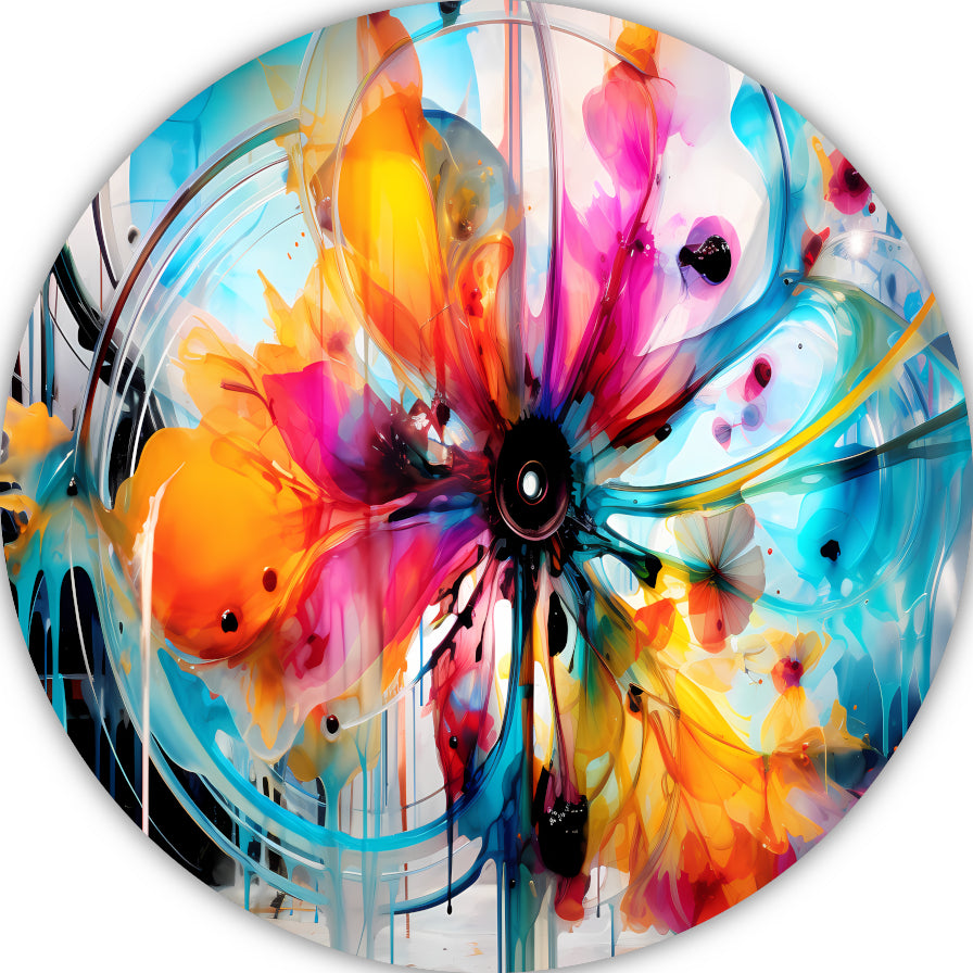 Abstracte bloemencompositie in primaire kleuren aluminium muurcirkel